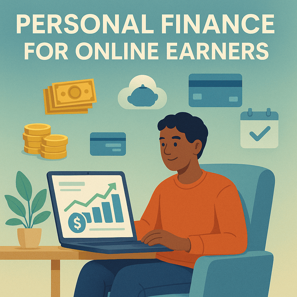 A modern and inspiring illustration of a young man making money online from a home office, managing his personal finances. The person is sitting on a laptop with positive financial charts on the screen. Elements such as coins, a digital piggy bank, a bank card and an organized calendar are arranged around it, symbolizing budgeting, saving, investing and financial planning for freelancers and online professionals. The scene is clear and clean, conveying order and financial success.