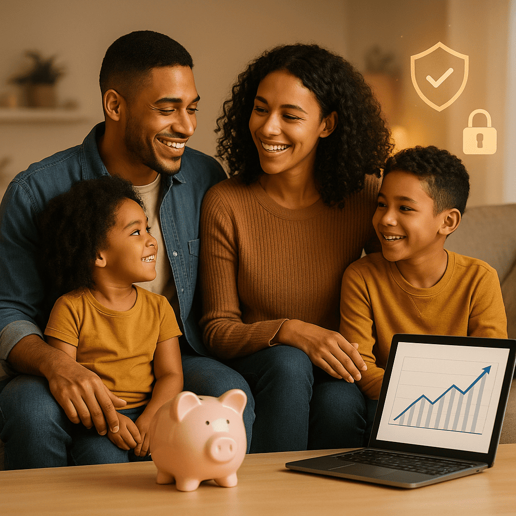 A happy and diverse family – a couple with two children – smiles in their modern home, conveying a sense of security and safety. In the foreground, a tablet displays a growing financial chart and a calculator, connecting the image to the theme of life insurance and financial planning, emphasizing the importance of protecting the family’s financial future.