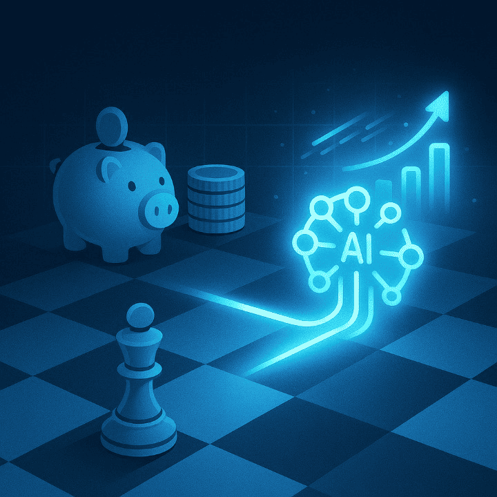 An illustration of a chessboard symbolizing financial strategy. Traditional money icons face off against glowing AI icons, representing the shift to AI-powered financial management.