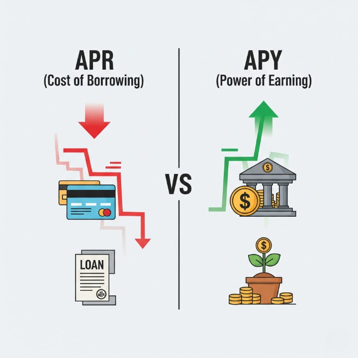 An infographic-style image comparing APR and APY. The left side shows 'APR' with a red downward arrow, a credit card, and a loan, representing the cost of borrowing. The right side shows 'APY' with a green upward arrow and a plant growing from coins, representing the power of earning interest on savings. The image visually explains the difference between the two interest rate types.