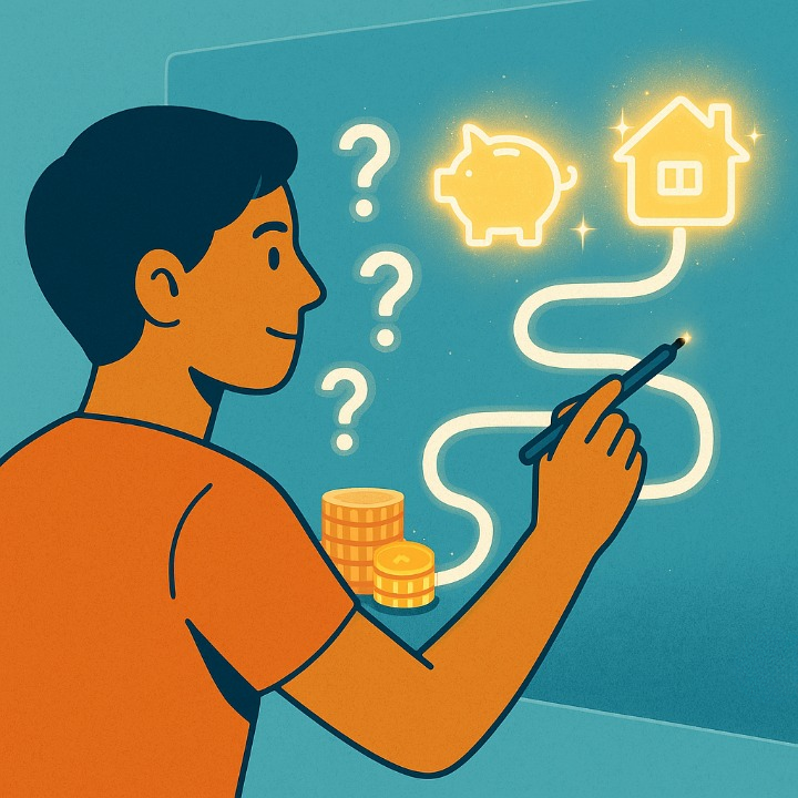 An illustrative drawing of a person designing their own financial roadmap. The path goes from financial confusion to clear goals like a house and savings, symbolizing how a budget provides control and direction in personal finance.