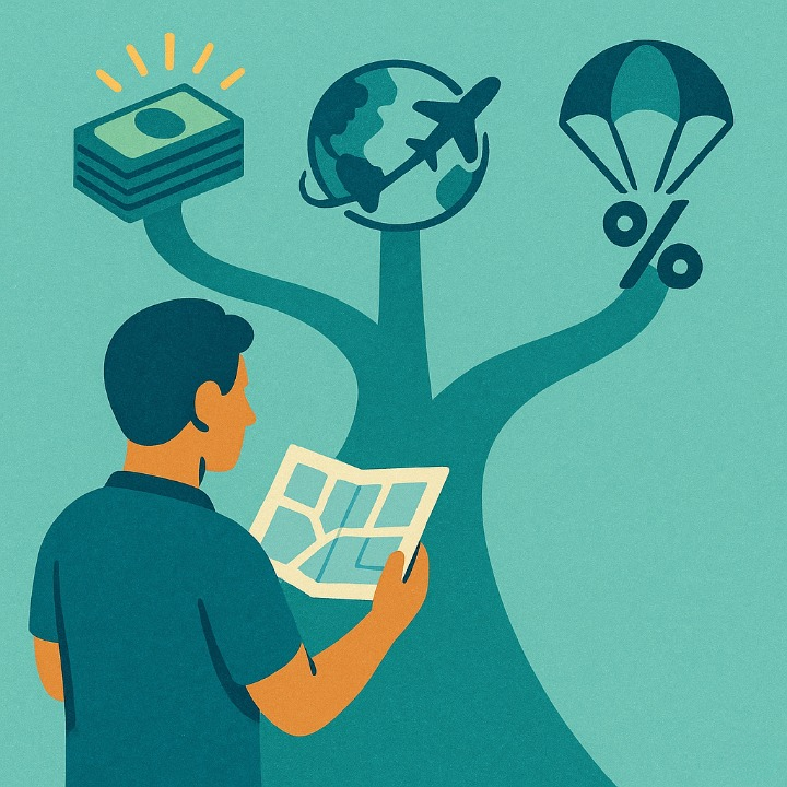 An illustrative drawing of a person choosing a financial path. The paths lead to icons for cashback, travel, and low interest, symbolizing the decision of how to choose the right credit card based on personal goals.