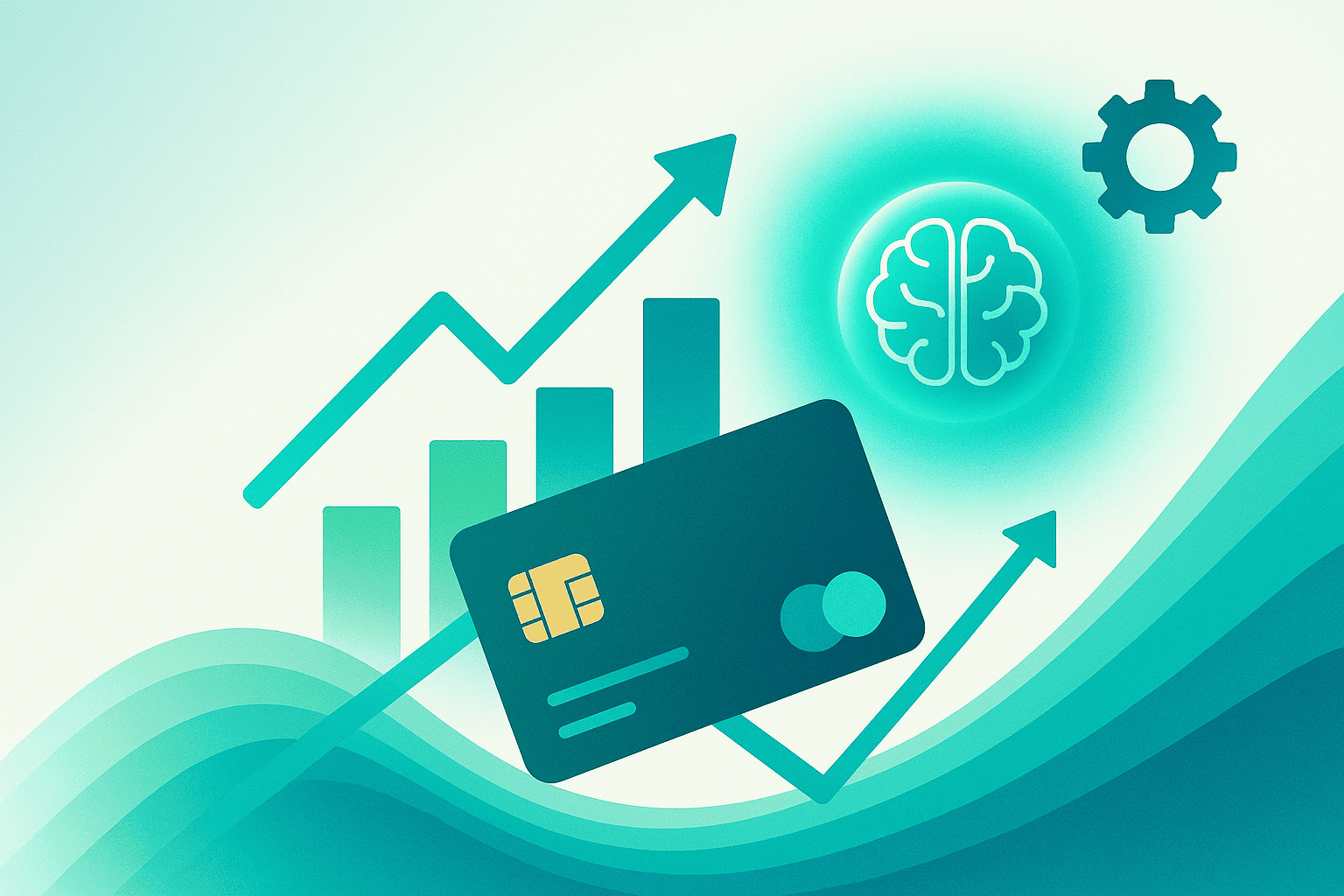 A modern, abstract cover image featuring geometric shapes and flowing lines in shades of green and blue, symbolizing growth and financial strategy. A softly glowing center dot and stylized gear icon represent control and financial intelligence. The clean background conveys confidence and innovation for an article about the strategic use of credit cards.