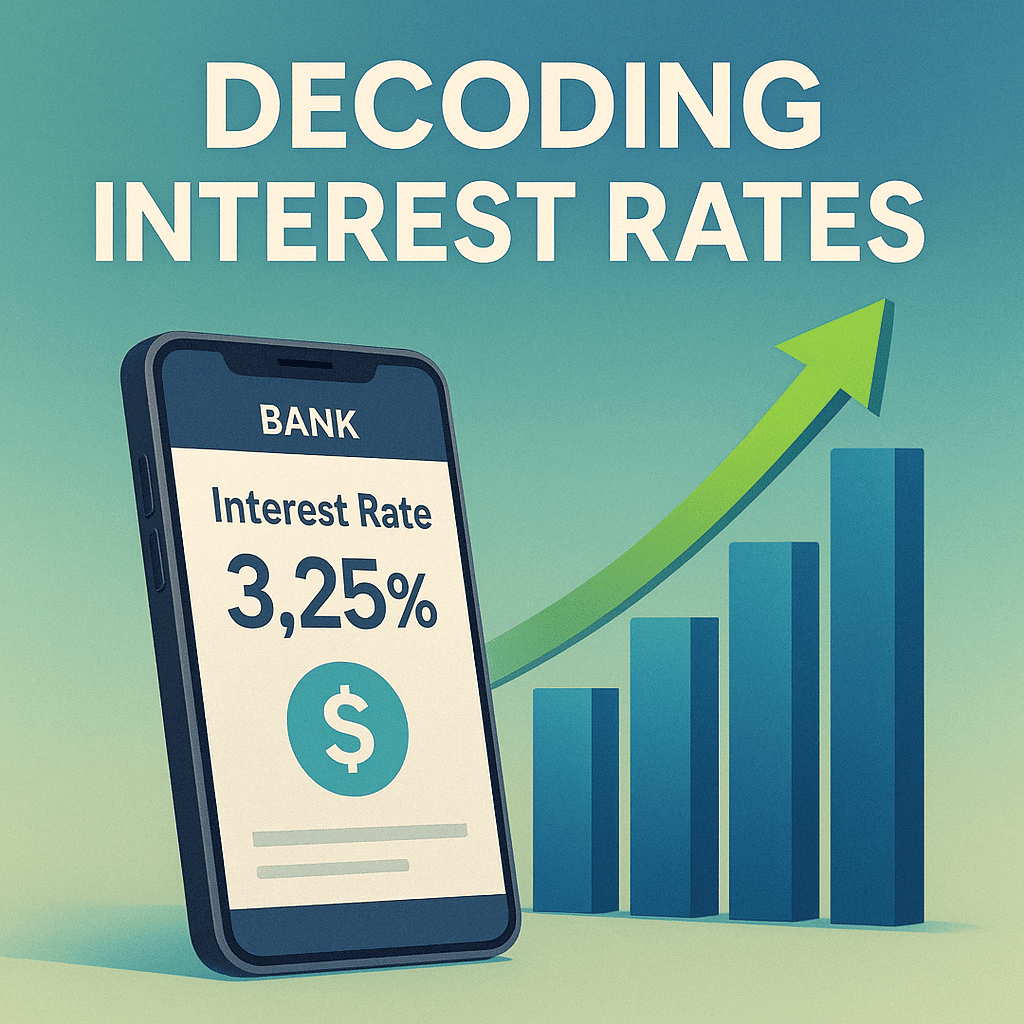 A vibrant and professional image that illustrates the concept of interest. It features a rising financial bar chart in the background, indicating the growth of savings and investments. In the foreground, a smartphone displays a banking app with interest figures and a dollar sign icon, symbolizing digital financial management and the impact of interest rates on online earnings. The background is a soft gradient of blue and green.