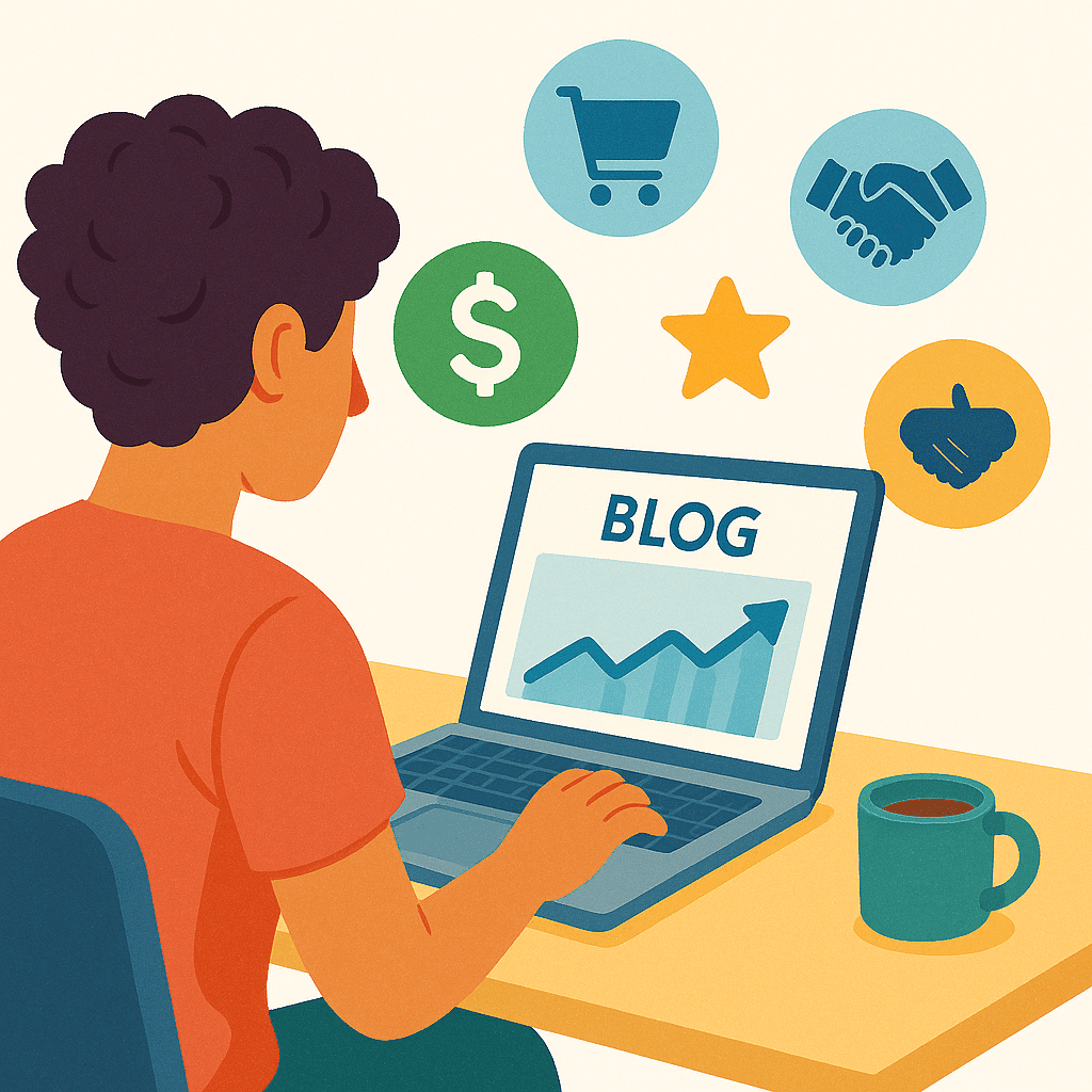 A modern illustration of a blogger at their desk, looking at a laptop with a successful blog dashboard. Stylized icons representing various monetization methods—like advertising, digital products, and affiliate marketing—float around the screen. The image's bright and optimistic tone aligns with an article about turning a blog into a profitable online business.
