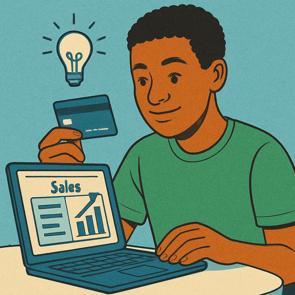 An illustrative drawing of a young entrepreneur at a modern desk, holding a credit card while looking at a laptop with a business dashboard. A lightbulb icon hovers nearby, representing a smart financial idea. The image's clean and bright style aligns with an article on personal finance and using a credit card strategically for a side hustle.