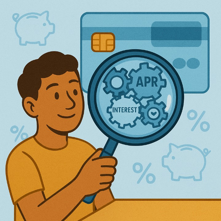 An illustrative drawing of a person examining the inner workings of a credit card with a magnifying glass. Gears labeled "APR" and "Interest" are visible, symbolizing an explanation of how credit card interest works. The friendly, educational style is suited for an article that demystifies credit card terms for financial literacy.