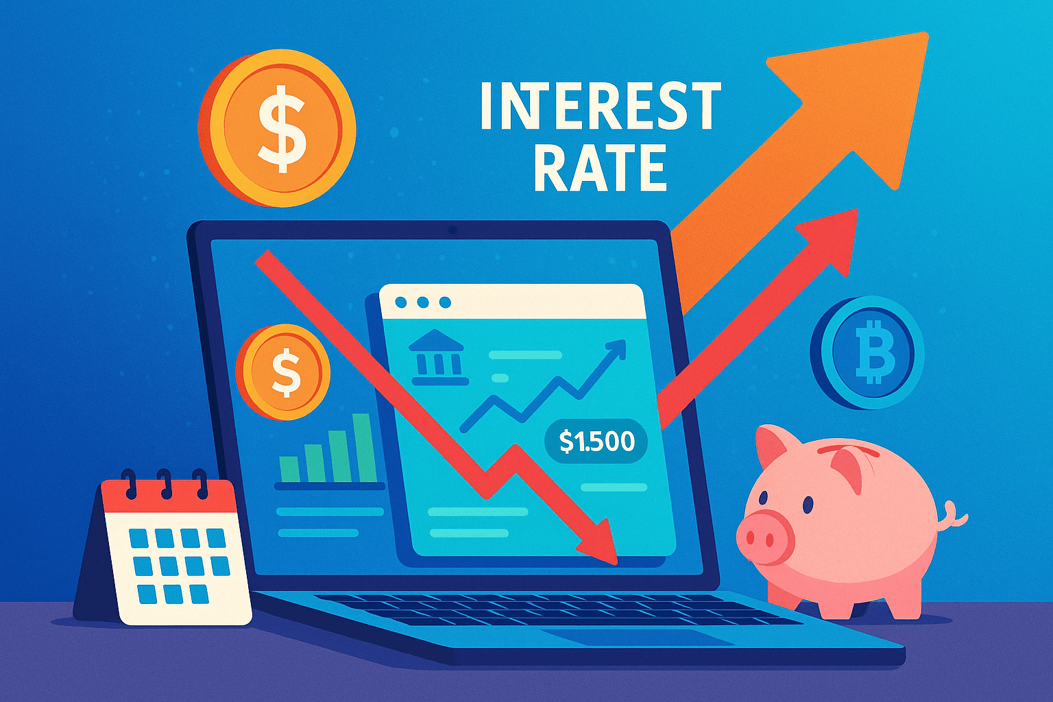 A vibrant, conceptual image for an article on interest rates. A laptop screen shows financial charts and banking data, with various money symbols (coins, digital currency icons) flowing from it. A prominent arrow in the foreground indicates the upward or downward movement of interest rates, symbolizing their impact on online earnings and savings. The setting is a clean, modern workspace, suggesting financial analysis and growth.