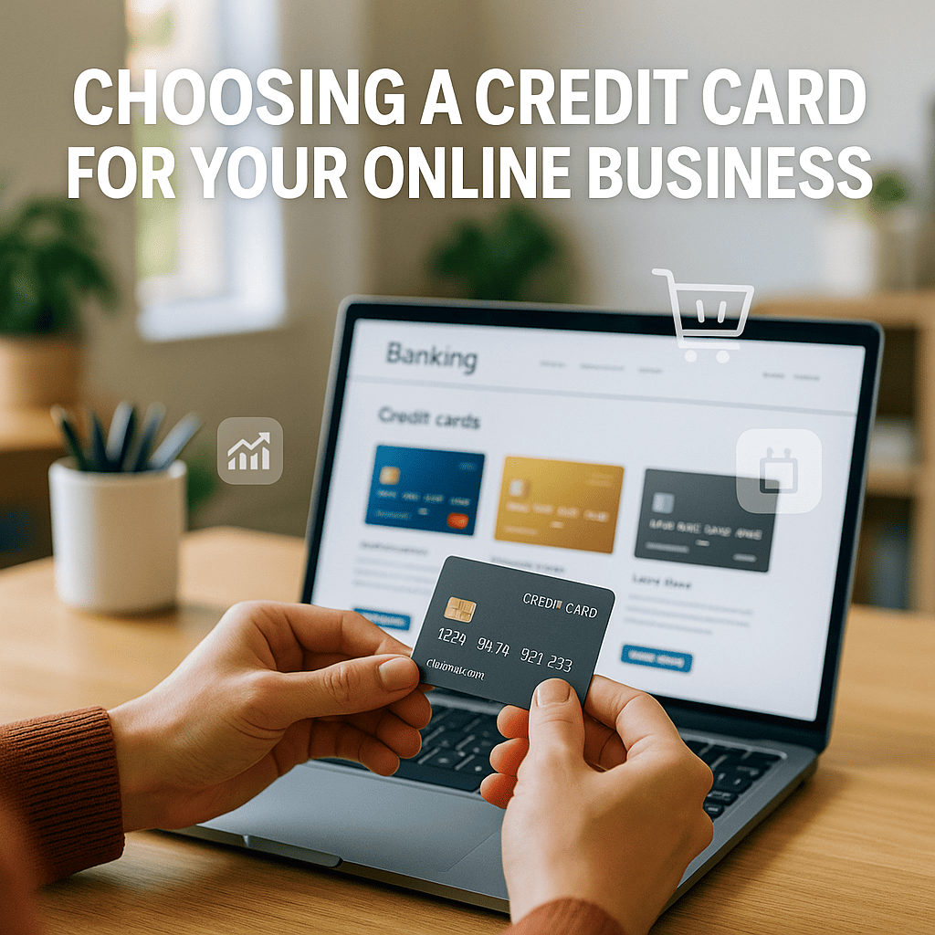 A professional image showing a person at a modern desk evaluating a credit card for their online business. Their laptop displays a credit card comparison site, and the clean, bright environment with business icons symbolizes making smart financial choices for an online hustle.