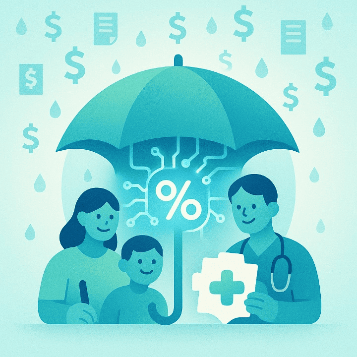An illustration of a large umbrella protecting a family from rain made of financial worry icons. The image symbolizes how life insurance provides financial security and protection for loved ones.