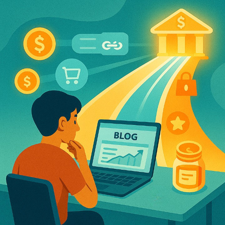 An illustrative drawing of a blogger building a profitable online business. A highway of light with icons for ads, affiliate links, and products flows from their laptop, symbolizing multiple income streams. The image represents a strategic guide to making money online with a blog.