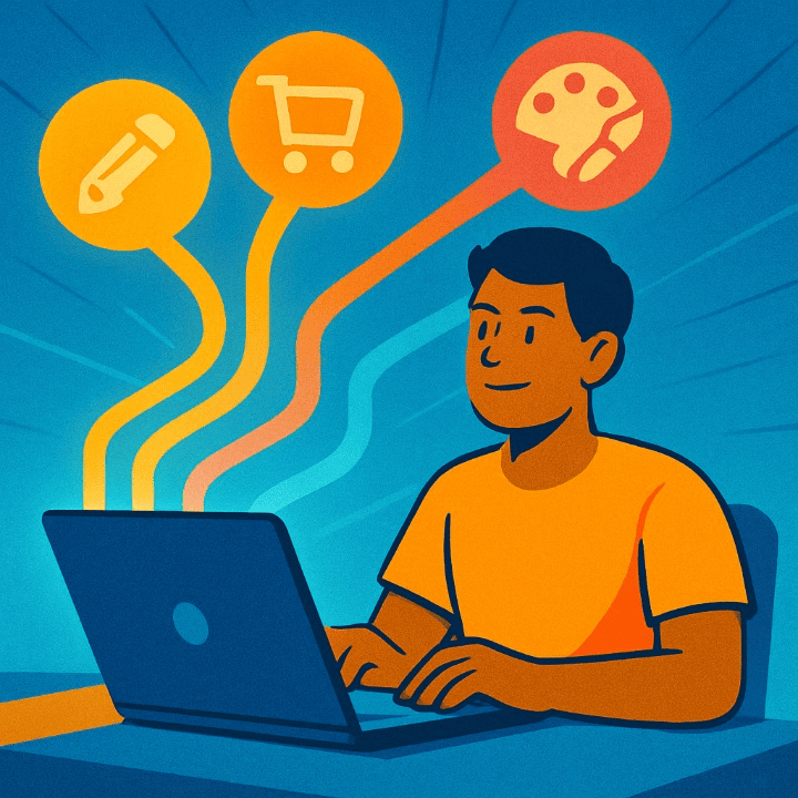 An illustration of an entrepreneur launching multiple online businesses from their laptop using AI. Each business, from content to e-commerce, is represented by a glowing icon, symbolizing the diverse ways to make money with artificial intelligence.