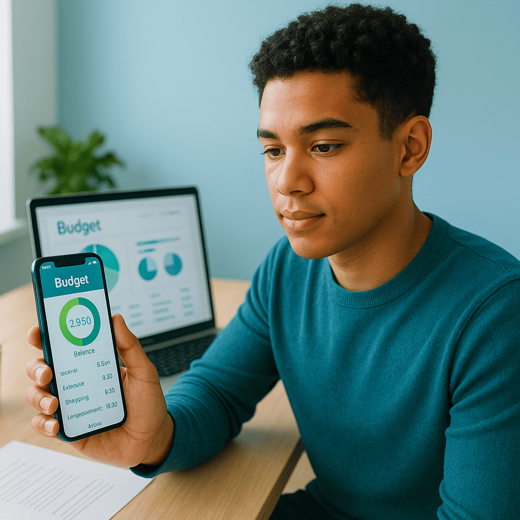 A young professional sits at a modern desk, attentively reviewing a budgeting app on their smartphone. The app's interface, showing financial charts and spending categories, is clearly visible. The setting is a bright, organized home office, conveying a sense of control over personal finances, aligning with an article about using digital banking tools for effective budgeting.