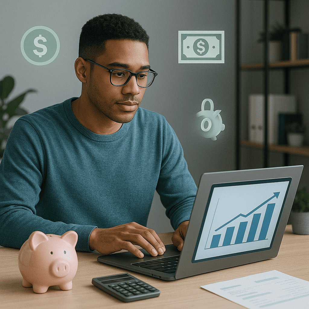 A focused person working on their laptop in a clean, modern home office. The laptop screen shows a rising financial chart, with digital money icons floating around. There is a piggy bank and organized papers on the desk, symbolizing efficient financial management of online income. The image uses shades of blue and green to evoke a sense of confidence and financial success for freelancers and digital entrepreneurs.
