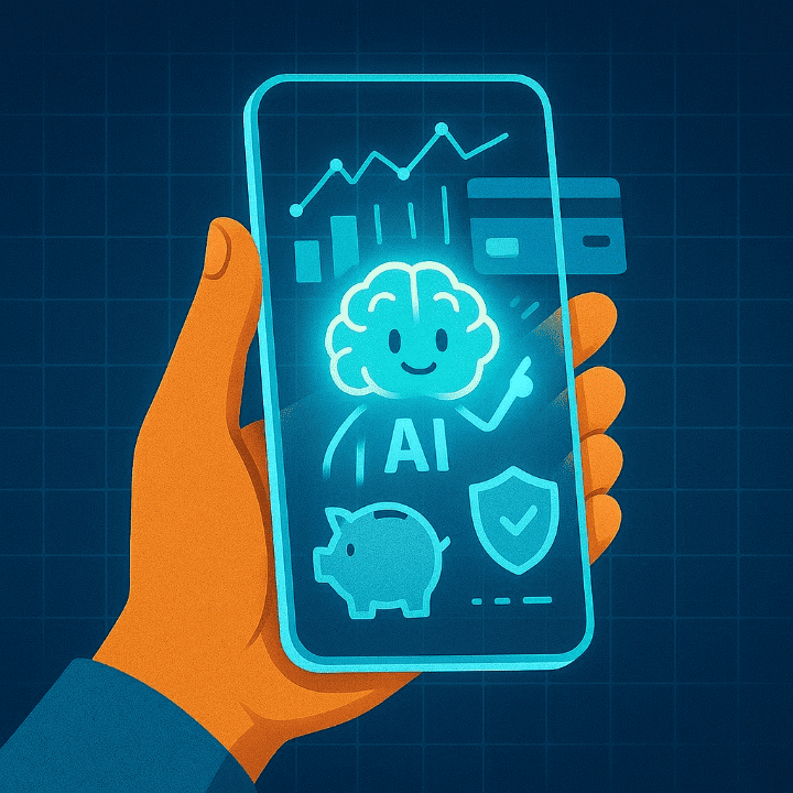 An illustration of a hand holding a smartphone where an AI icon is helping to manage financial tasks like budgeting and security. The image represents the positive impact of artificial intelligence in personal finance.