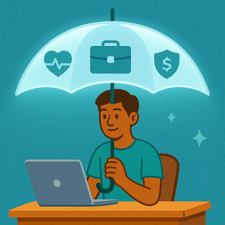 An illustrative drawing of a freelancer working on a laptop, protected by a large, transparent umbrella. The umbrella features icons for health, professional liability, and disability insurance, symbolizing the financial safety net that insurance provides for online entrepreneurs. The image's clean, modern style conveys security and professionalism.