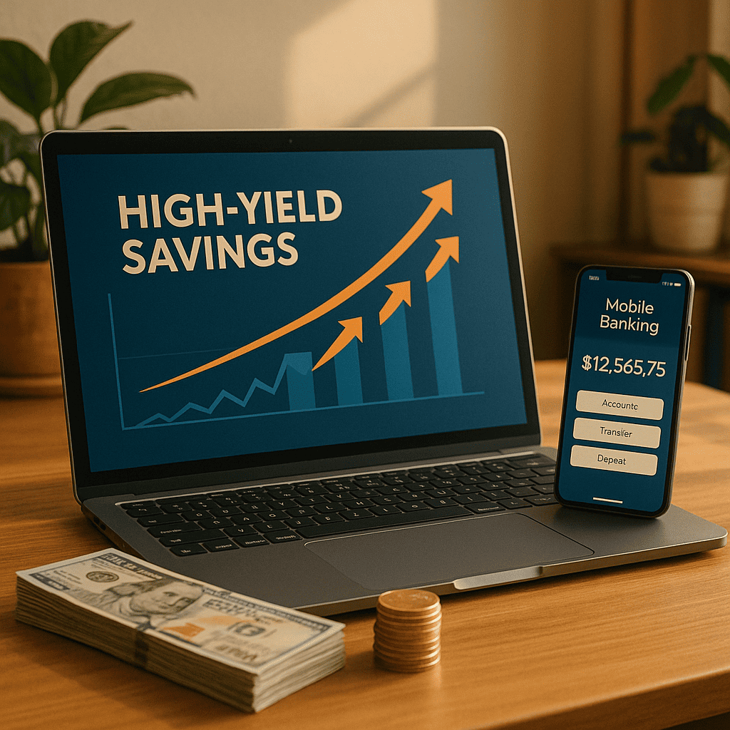 A vibrant and professional image illustrating financial growth for online earners. It features a laptop displaying a financial graph with upward trends and a banking interface, alongside a stack of coins and banknotes, and a smartphone showing a mobile banking app. The scene is set in a modern home office, conveying the convenience and benefits of high-yield savings accounts for managing online earnings and achieving financial goals.