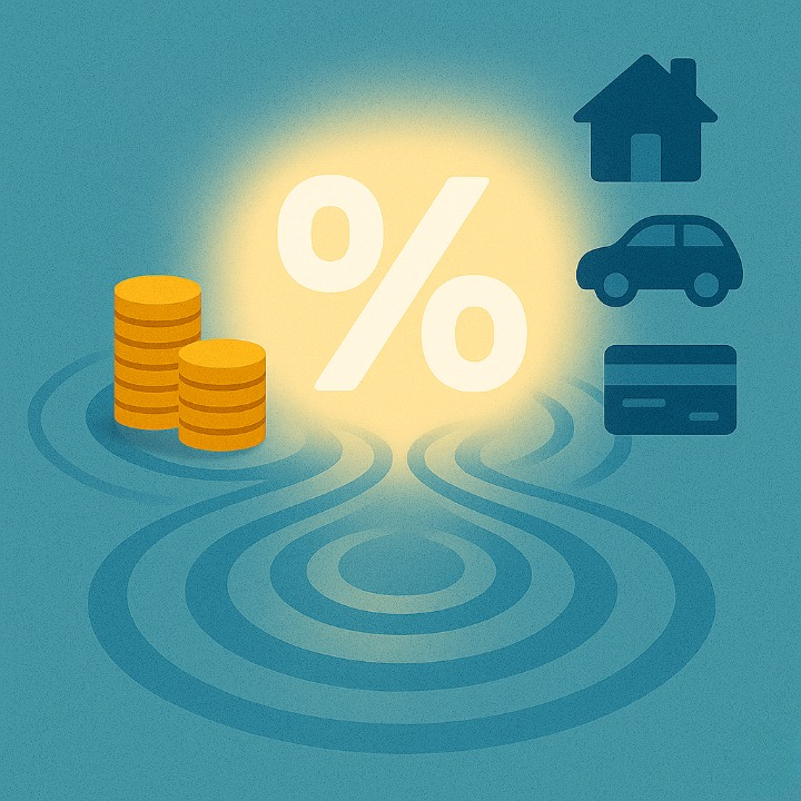 An illustrative image showing a central percentage sign creating ripples. One ripple creates growing stacks of coins (savings) and the other affects icons of a house, car, and credit card (loans), symbolizing how interest rates impact all aspects of personal finance.