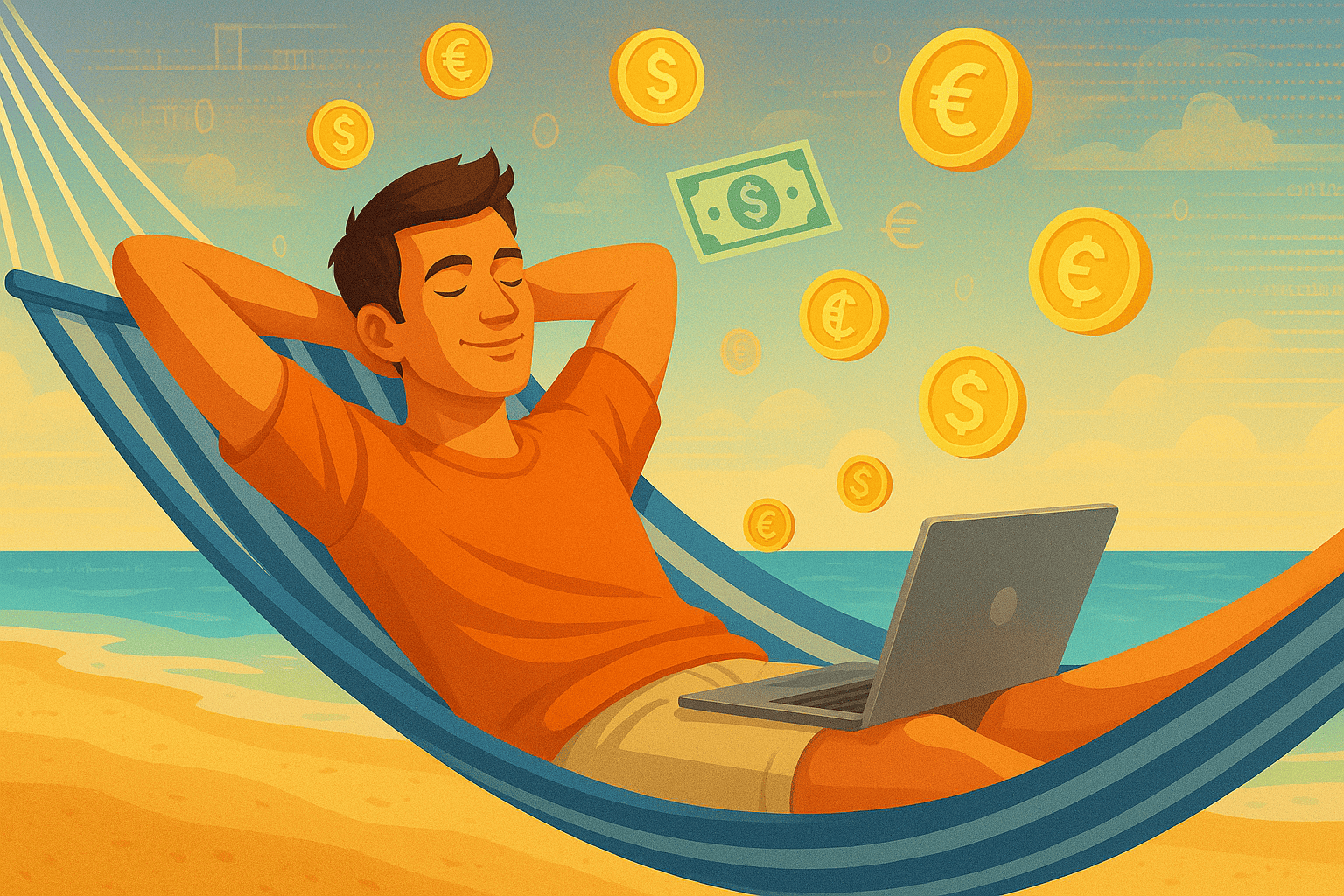 A relaxed person, possibly on vacation, symbolizing the freedom that passive income offers. Money icons float around him, indicating that the money is being generated passively. In the background, subtle digital elements represent the online nature of this income. The image conveys a sense of tranquility and financial success, ideal for an article on how to build passive income online.