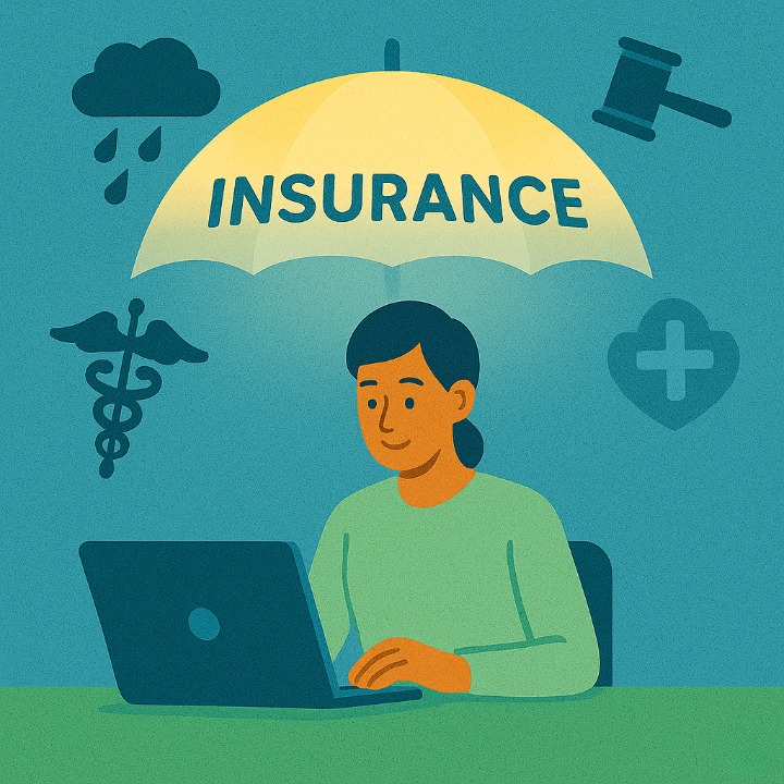 An illustrative drawing of an online entrepreneur working on a laptop, protected by a large, glowing umbrella labeled "Insurance." The umbrella shields them from symbolic risks like storm clouds and medical icons, representing the security that insurance provides in financial management.