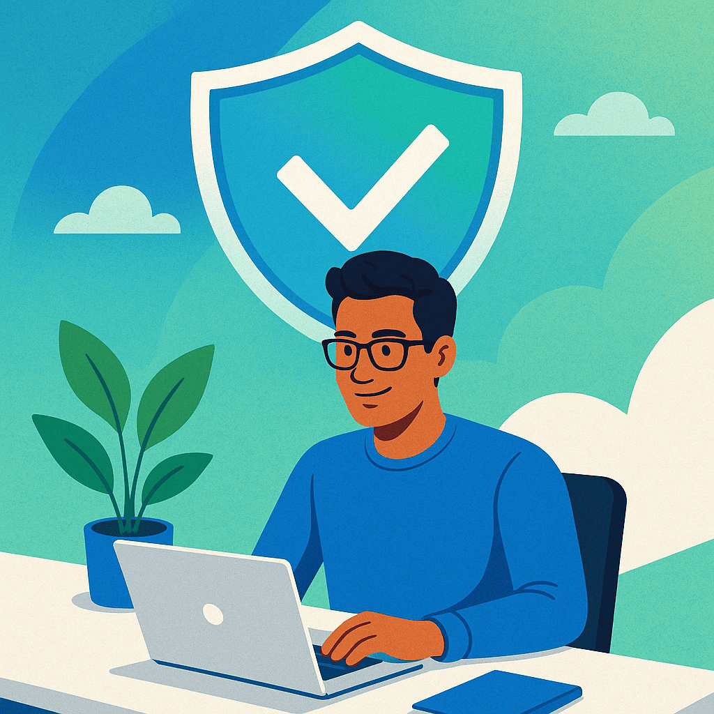 An illustrative image of an online entrepreneur working at their desk. A large, glowing shield icon hovers protectively over them and their laptop, representing the financial safety net that insurance provides for an online business and its earnings. The scene conveys a sense of security and confidence.