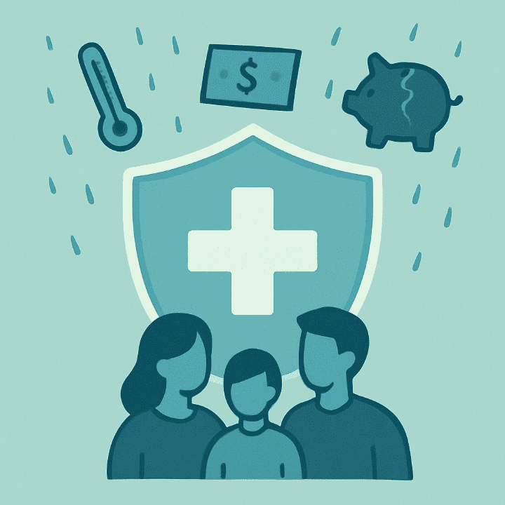 An illustration of a large shield with a medical cross on it, protecting a family from financial and medical worries. The image symbolizes how health insurance is a vital tool for protecting a family's health and finances.