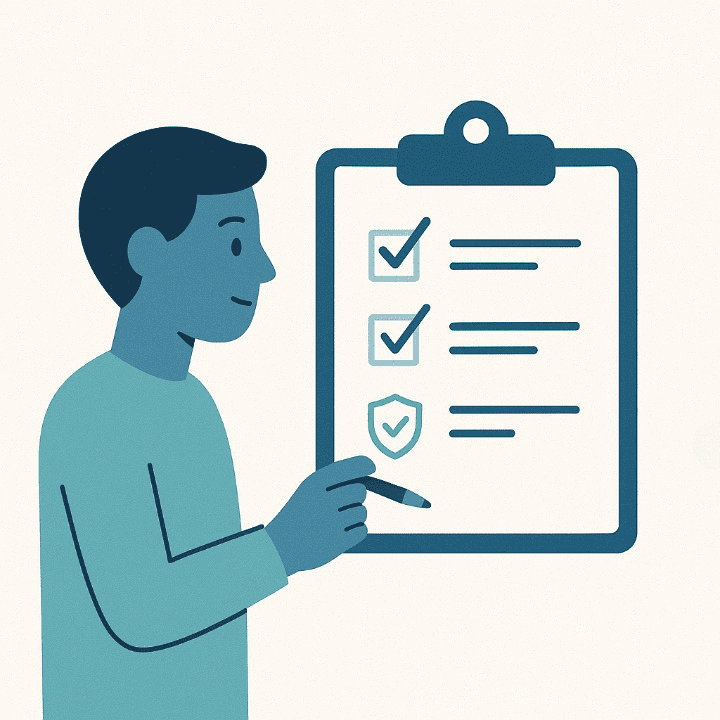 An illustration of a person reviewing a financial checklist. The clipboard has icons for savings, debt, and insurance, symbolizing the process of an annual financial check-up for personal finance management.