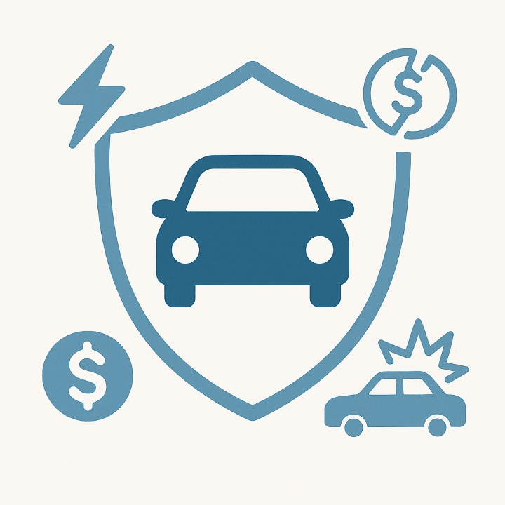 An illustration of a car being protected by a glowing shield. The shield deflects icons of risk, symbolizing how auto insurance protects a vehicle and its owner from the financial costs of an accident.