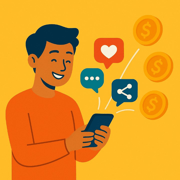 An illustration of a person using a smartphone, with social media icons turning into coins. The image symbolizes the career of a social media manager and how to make money online from social platforms.