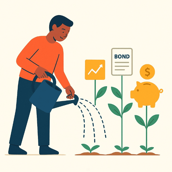 An illustration of a person watering a garden where financial icons like stocks and bonds are growing. The image symbolizes the process of building a diverse investment portfolio through consistent care.