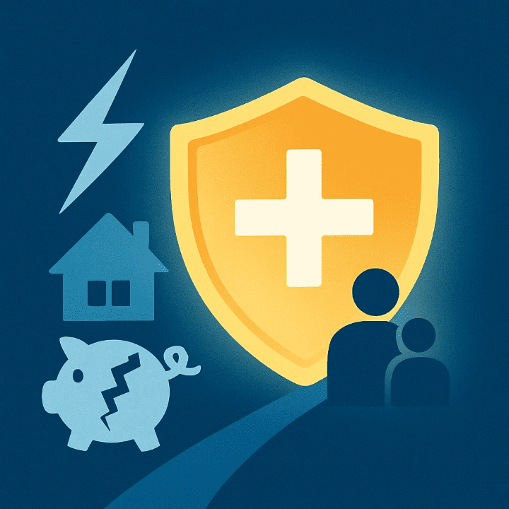 An illustration of a glowing shield protecting a home and family from financial shocks. The image symbolizes how an emergency fund acts as insurance for your financial health.