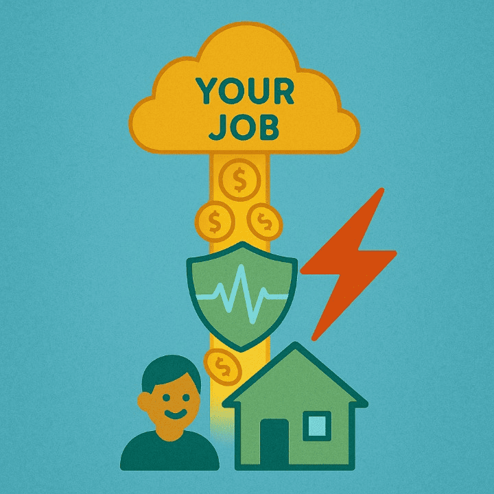 An illustration symbolizing disability insurance. A shield with a heartbeat icon protects the flow of income from a job to a home from being interrupted by a lightning bolt, representing how the policy protects your paycheck.