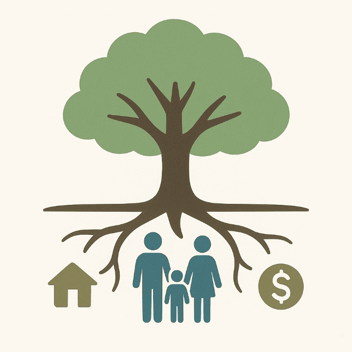 An illustration of a large, strong tree with asset icons in its roots, sheltering a family. The image symbolizes how estate planning protects a family's financial health and future.
