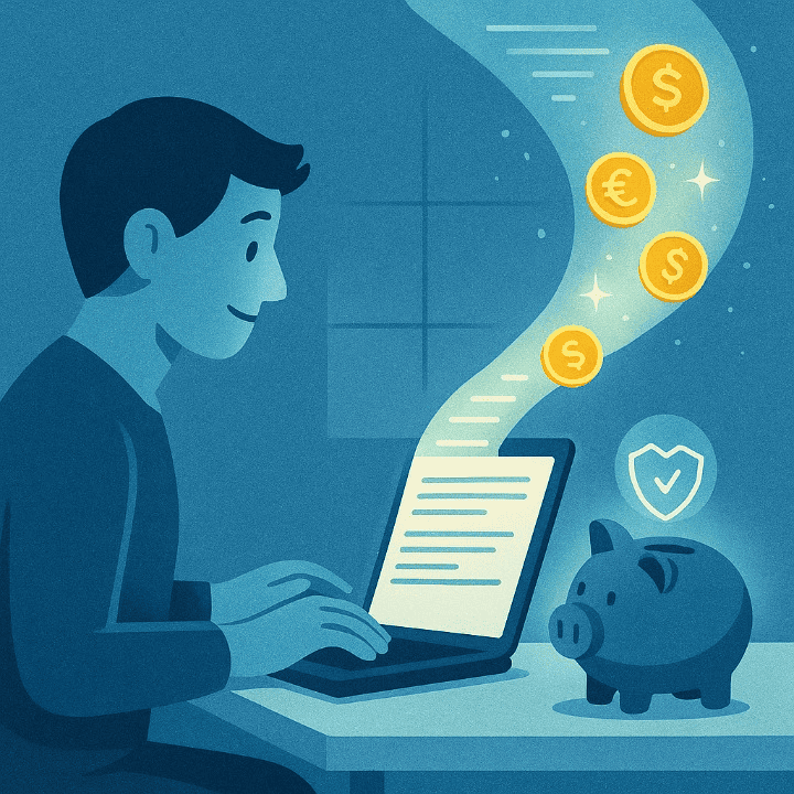 An illustration symbolizing a freelance writing career. A person types on a laptop, and the words they write turn into a stream of coins, representing how to make money online with writing skills.