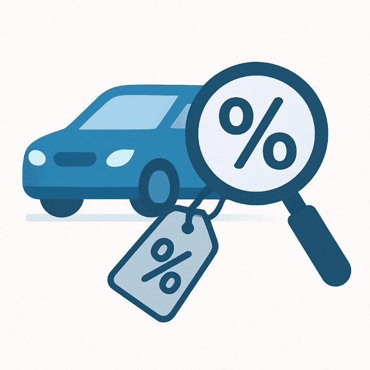 A minimalist illustration of a car with a large price tag. A magnifying glass reveals a percentage sign on the tag, symbolizing the importance of the auto loan interest rate in car financing.