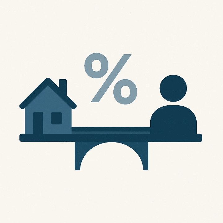 A minimalist illustration showing a bridge connecting a person to a house. A large percentage sign sits in the middle of the bridge, symbolizing that the mortgage interest rate is the key component of home financing.