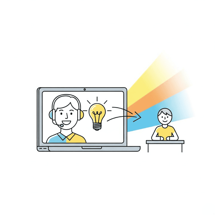 An illustration symbolizing online tutoring. A teacher on a laptop screen passes a glowing light bulb (knowledge) to a student, representing how to make money online by teaching.