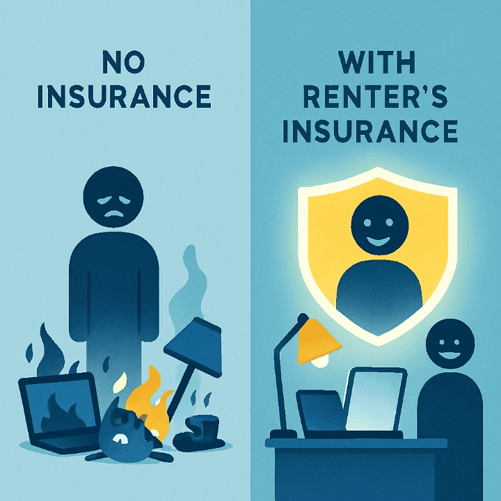 A comparative illustration showing the benefit of renter's insurance. One side depicts a person with lost belongings after a disaster, while the other side shows a person protected by insurance with their items replaced.