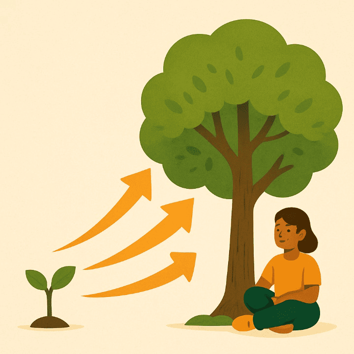 An illustration showing the process of retirement planning. A small sapling grows into a large, strong tree over time, symbolizing how small, consistent investments lead to long-term financial security.