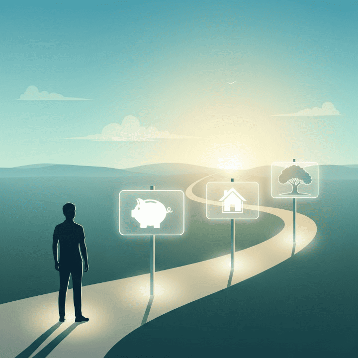An illustration of a person at the start of a financial journey. The path ahead is marked by glowing signposts with icons for goals like savings, a home, and retirement, symbolizing the clarity that setting financial goals provides.