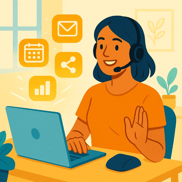An illustration of a virtual assistant working productively from a home office. Icons for tasks like scheduling and social media float from their laptop, representing the various services a VA can offer to make money online.