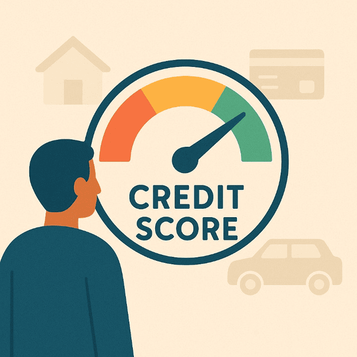 An illustration of a credit score represented as a speedometer, with the needle in the high, green zone. The image symbolizes the goal of building a good credit score for better financial management.