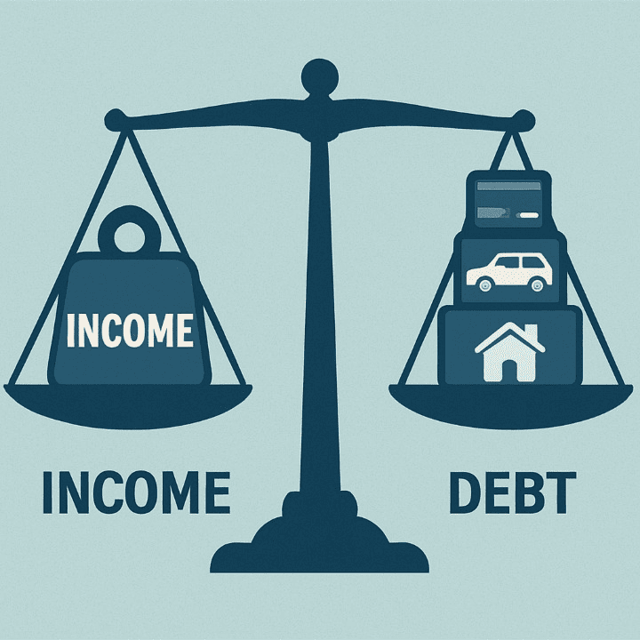 An illustration of a balance scale, with a large "INCOME" weight easily balancing several smaller "DEBT" weights. The image symbolizes a healthy debt-to-income ratio for good financial management.