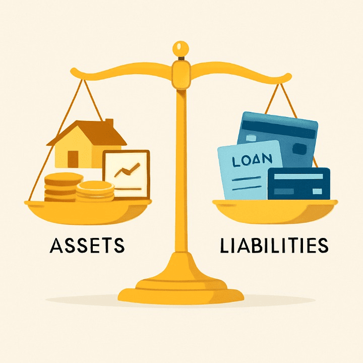 An illustration of a balanced scale, with assets like a house and stocks outweighing liabilities like a credit card. The image symbolizes the financial management concept of growing your net worth.