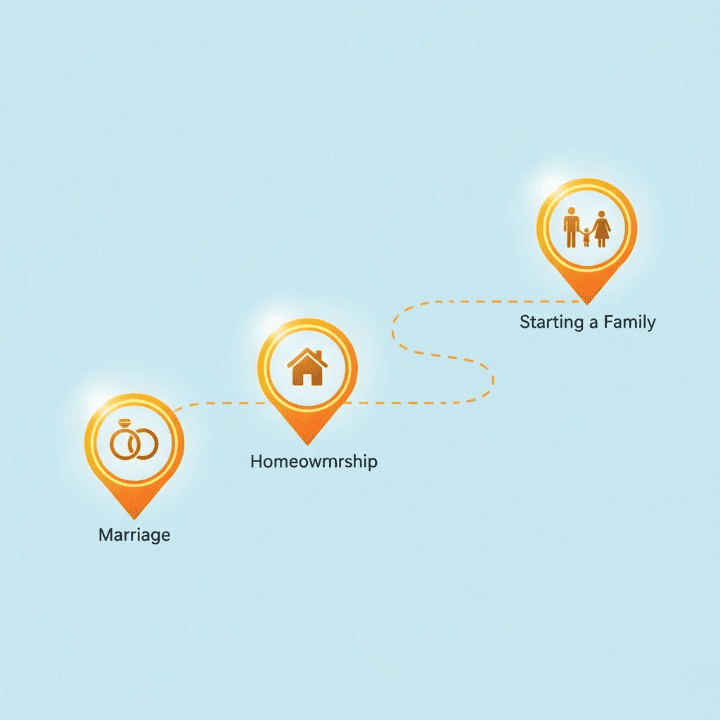 An illustration of a life path with glowing milestone markers for marriage, homeownership, and family. The image symbolizes the importance of financial management and planning for major life events.