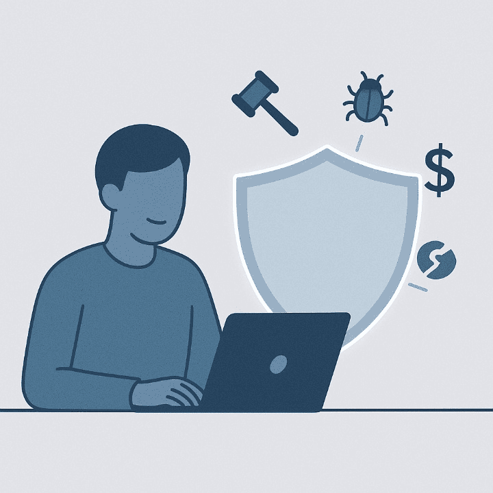 An illustration of a freelancer working on a laptop, protected by a large shield. The shield deflects icons of risk like lawsuits and financial loss, symbolizing the protection that business insurance provides.