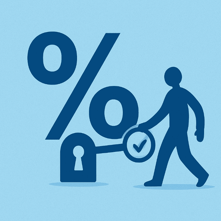 An illustration of a person holding a key labeled "Good Credit" and walking toward a large percentage sign with a keyhole. The image symbolizes how a good credit score is the key to unlocking a low interest rate on financing.