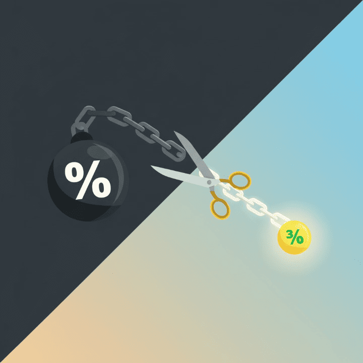 An illustration symbolizing refinancing. A pair of scissors is cutting a heavy chain with a high percentage sign, which transforms into a lighter chain with a low percentage sign, representing a lower interest rate.