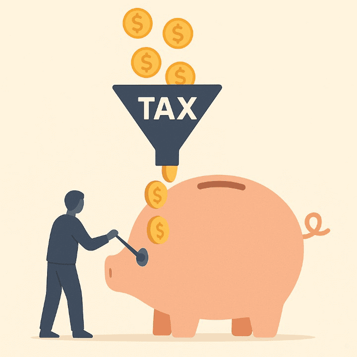 An illustration symbolizing tax planning. A person adjusts a lever on a "Tax" funnel, reducing the amount of money being diverted and allowing more to be saved in a piggy bank. This represents effective financial management.