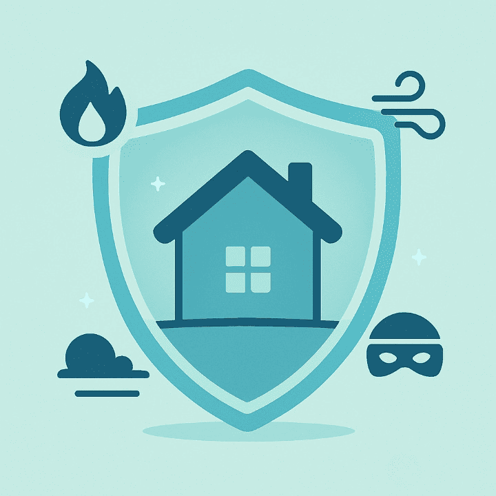 An illustration of a house icon being protected by a large, glowing shield. Icons representing risks like fire and theft are bouncing off the shield, symbolizing how homeowner's insurance protects your home from disasters.